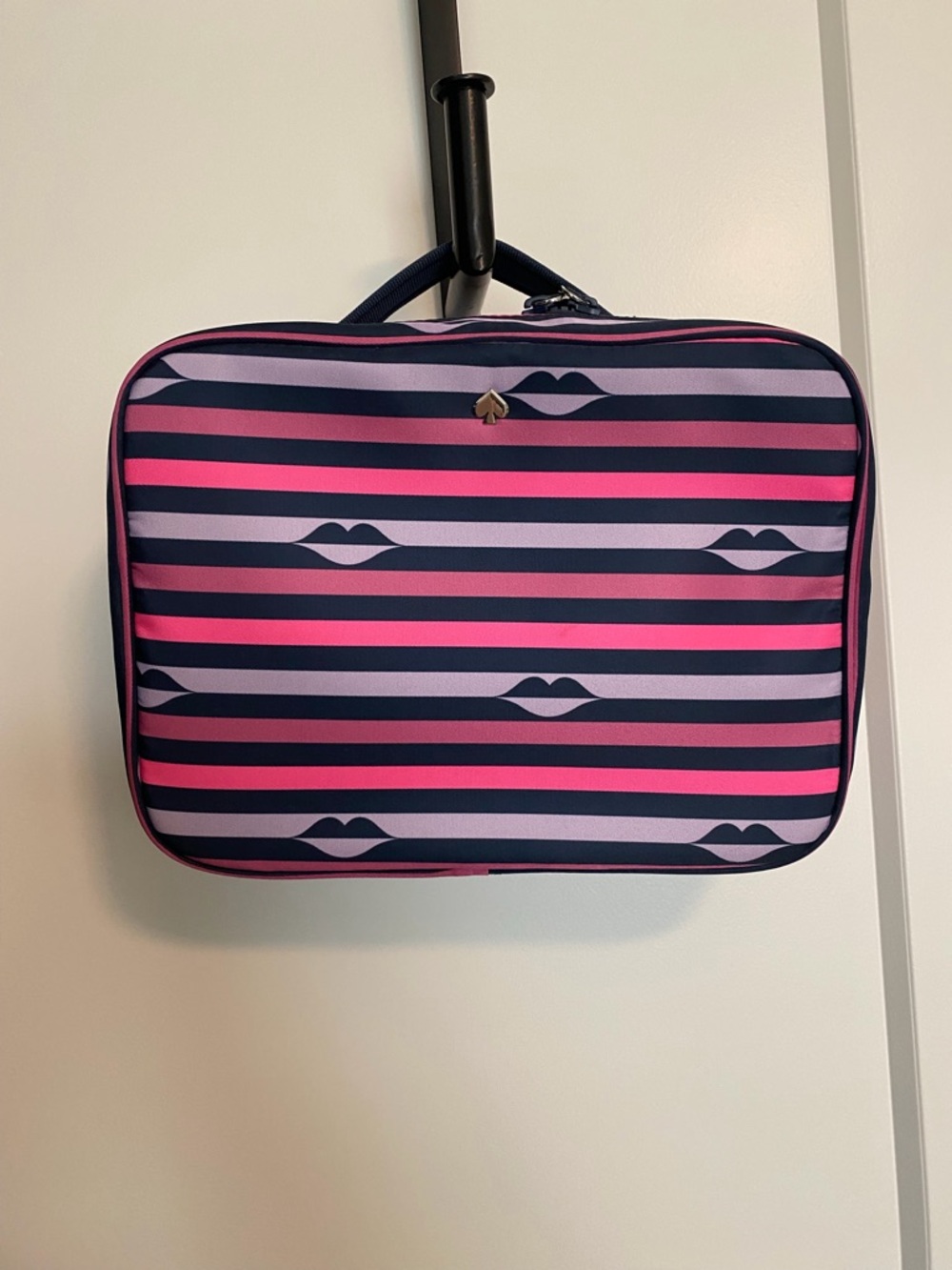 kate spade Navy and Pink Striped Lip-Print Cosmetic Case